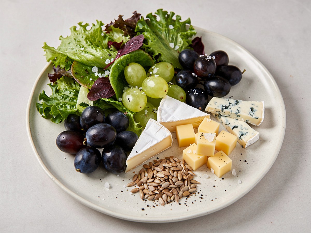 Blattsalat mit Weintrauben, dreierlei Käse und Sonnenblumenkernen