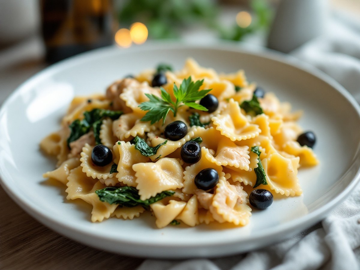 Farfalle mit Hähnchen, Spinat und schwarzen Oliven