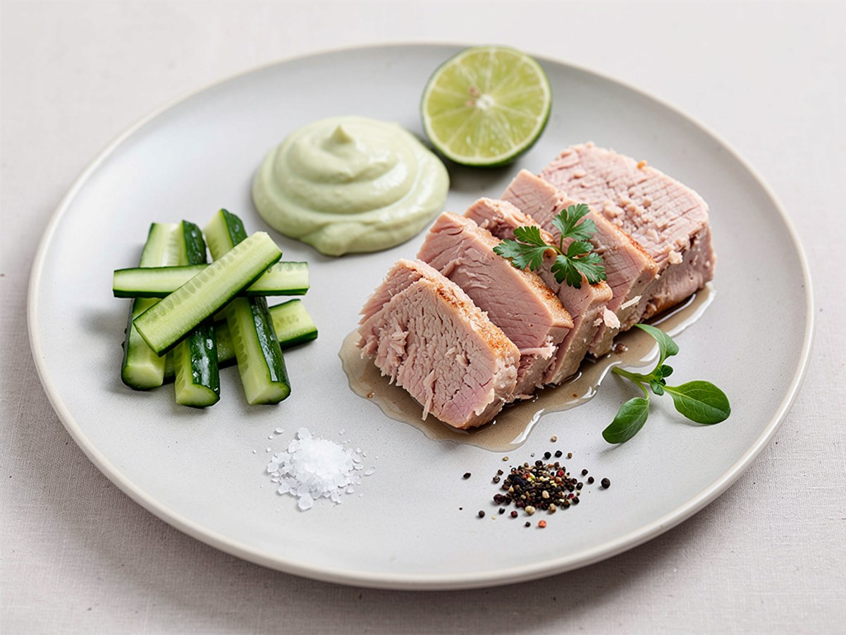 Gebratenes Thunfischfilet mit Gurkenstiften und Wasabi-Mayonnaise