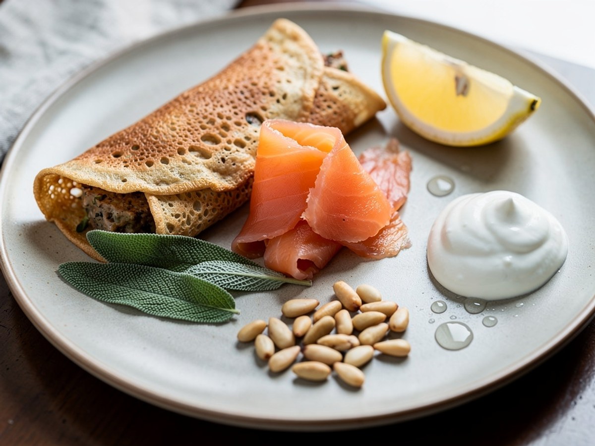 Gefüllte Pfannkuchen mit Räucherlachs, Salbei und Pinienkernen
