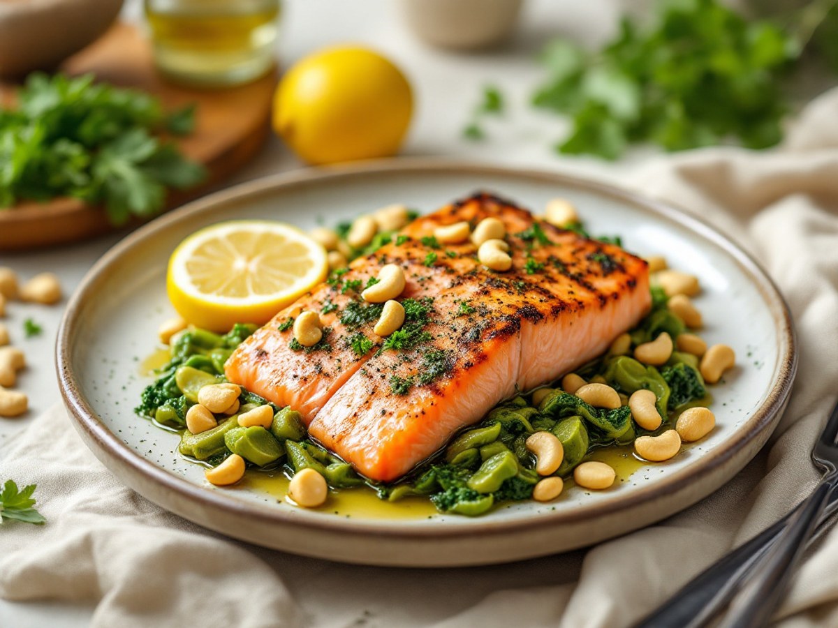 Glasiger Lachs im Päckchen mit Pesto-Spargel und Cashews