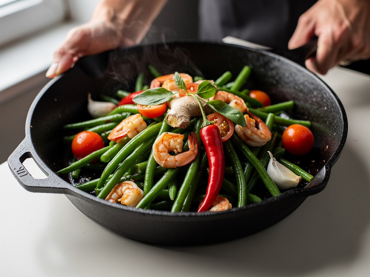 Grüne Bohnen mit Scampi, Ingwer und Chili aus der Pfanne
