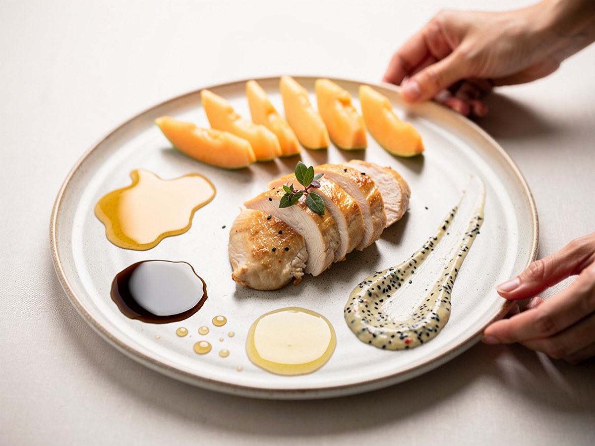 Hähnchenbrust auf Melone mit Sesam-Limetten-Dressing