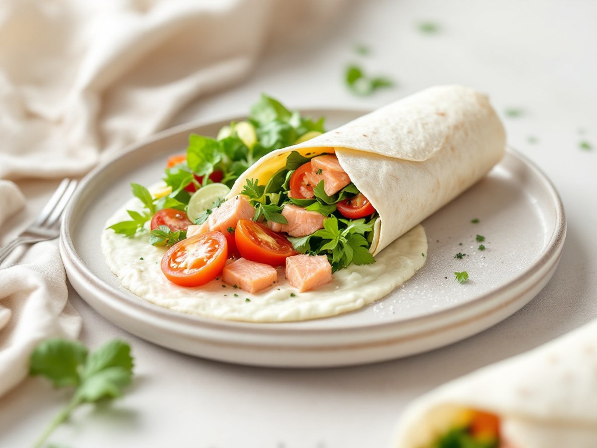 Lachs-Wraps mit Tomate, Salat und Senfcreme