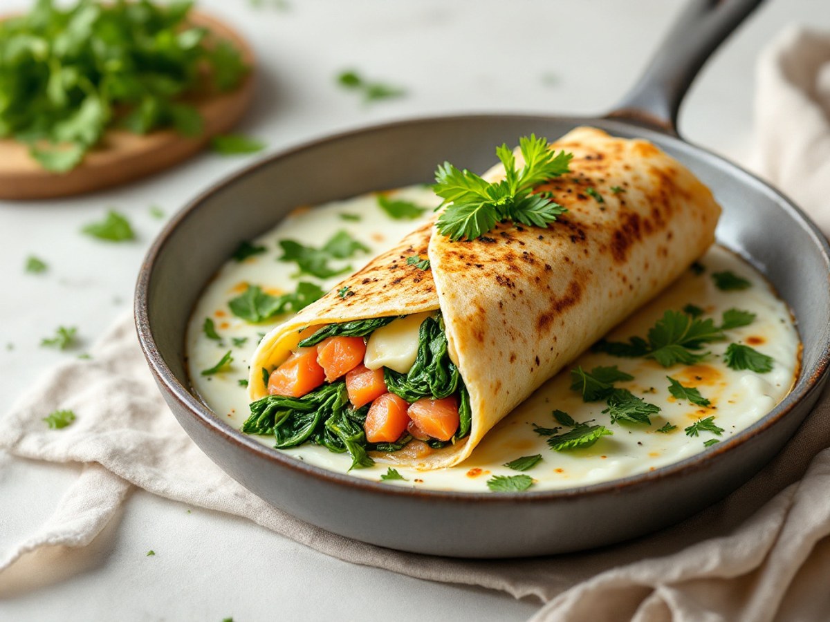 Räucherlachs-Wraps mit Ei, Gouda und Spinat aus der Pfanne