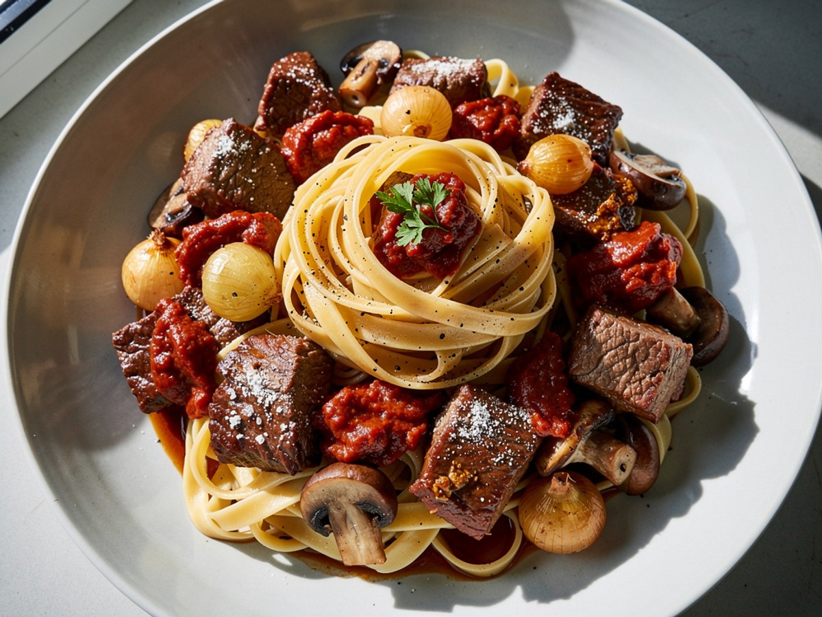 Rindergulasch mit Rotwein, Schalotten und Champignons auf Bandnudeln